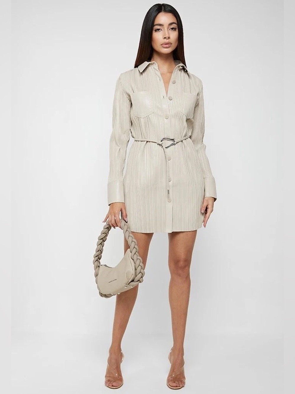 Manière De Voir Vegan Leather Pleated Shirt Dress - Stone Size 6 LIKE NEW